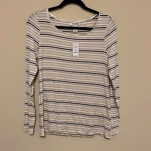 Medium white, black, and maroon striped shirt.